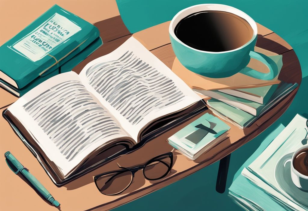 Modern digital painting of teal-themed stack of beginner-friendly real estate books on wooden desk with coffee and reading glasses.