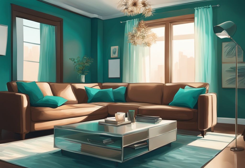 Modern digital painting of a high-end camera in teal tones capturing a stylish living room, highlighting real estate photography.