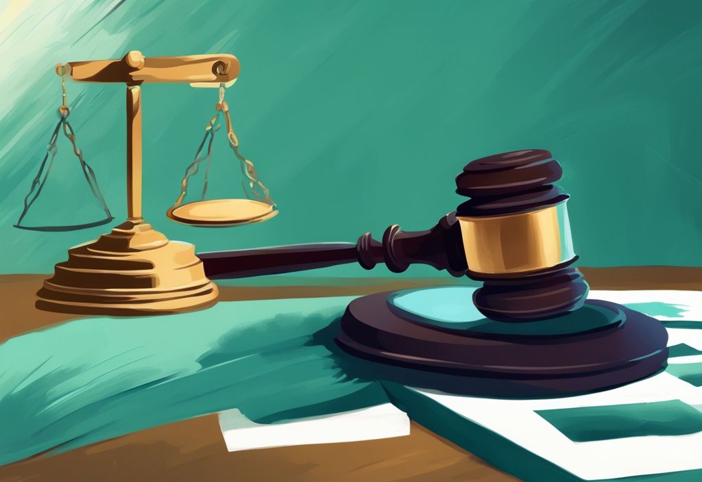 Modern digital painting of a scale with a house and gavel, symbolizing DOJ real estate commission scrutiny, in teal theme.