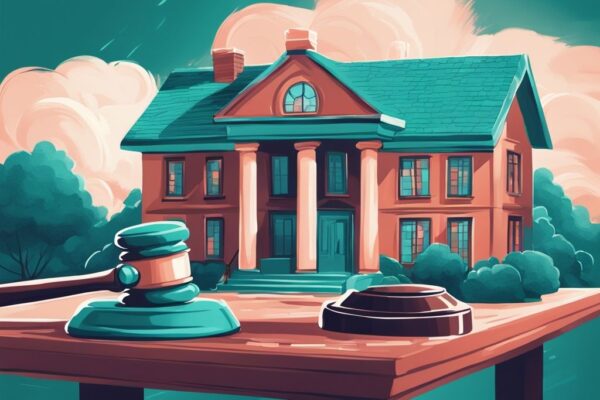 Modern digital painting of a teal-themed scale balancing a house and gavel, symbolizing DOJ real estate commission scrutiny.