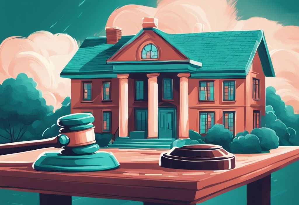 Modern digital painting of a teal-themed scale balancing a house and gavel, symbolizing DOJ real estate commission scrutiny.