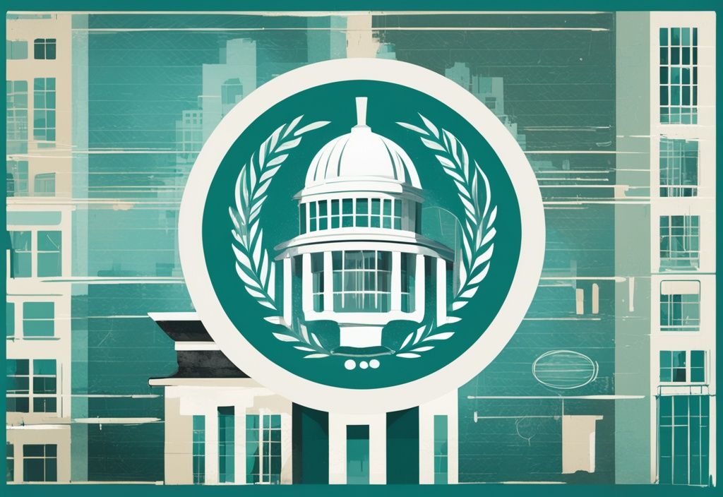 Digital painting of DOJ emblem with teal theme overlapping real estate icons, symbolizing DOJ's influence on real estate commissions.