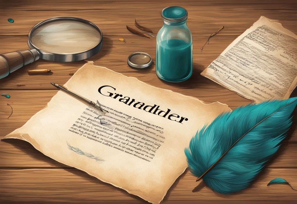 Modern digital painting of a teal-themed Grandfather Clause illustration with parchment, magnifying glass, and feathered quill on a wooden table.