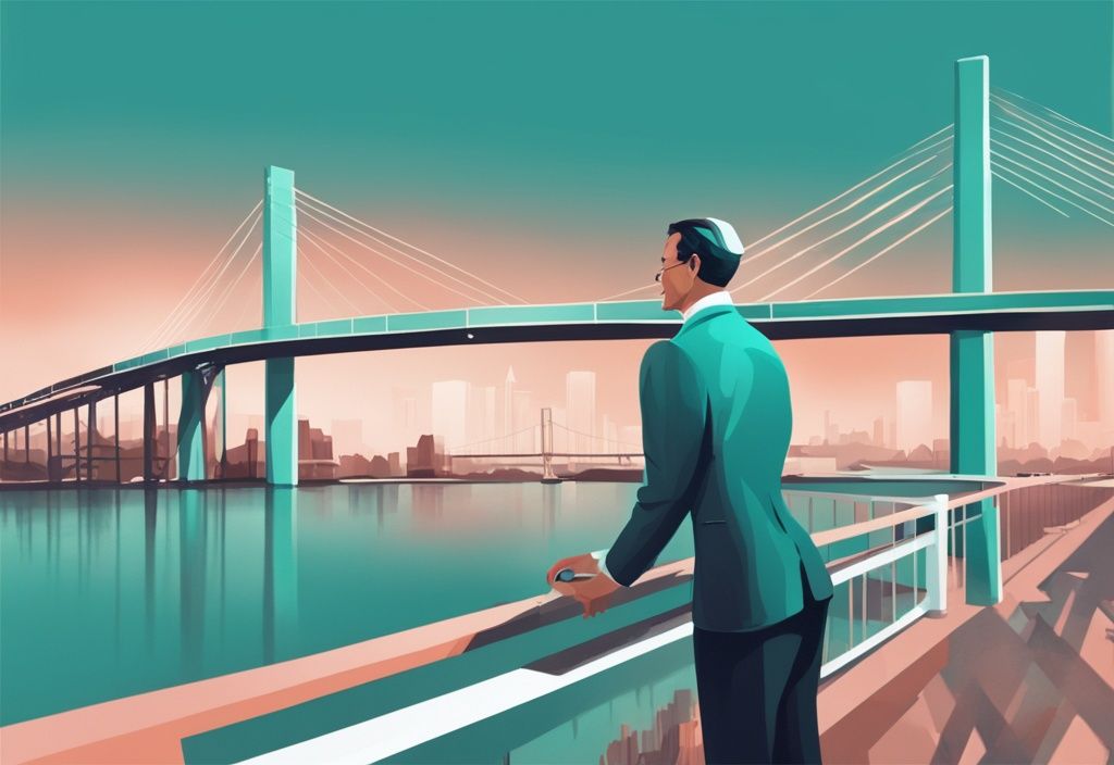 Digital painting of a real estate agent explaining the bridge method in real estate to investors using a bridge structure metaphor on a virtual slide, with a teal color theme.