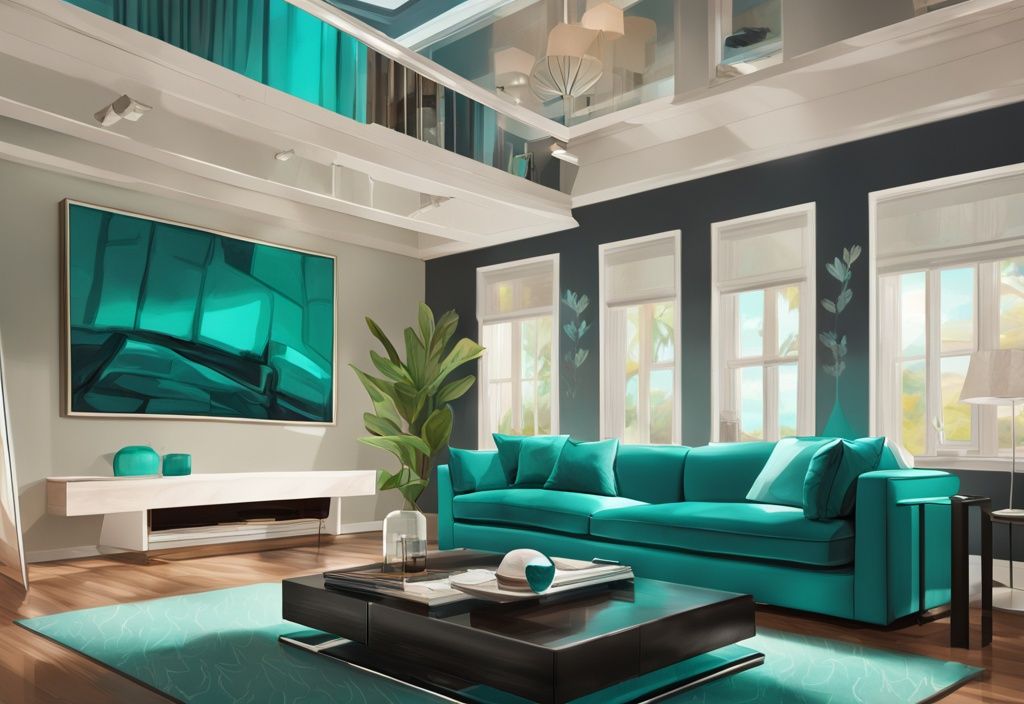 Modern digital painting of a high-end camera in teal theme capturing a stylish living room for real estate photography.