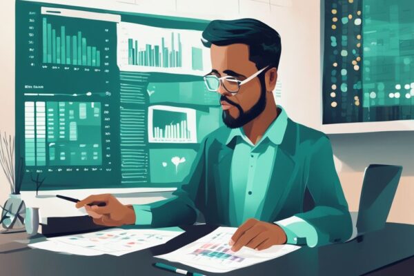 Modern digital painting of a realtor evaluating a spreadsheet with numbers, charts, and graphs, illustrating how a financial analysis in real estate is being done, with a teal color theme.