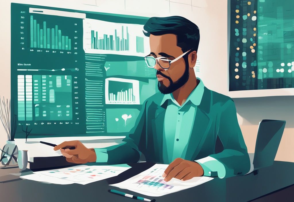 Modern digital painting of a realtor evaluating a spreadsheet with numbers, charts, and graphs, illustrating how a financial analysis in real estate is being done, with a teal color theme.