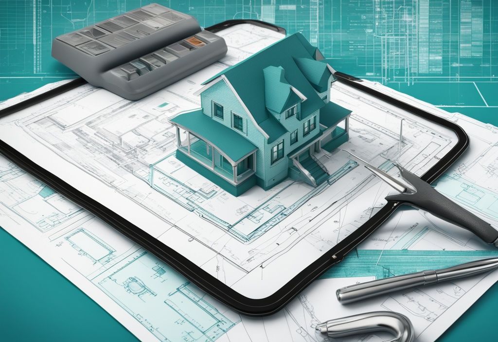 Modern digital painting of a house blueprint with teal theme, featuring financial graphs and measuring tools for real estate financial analysis.