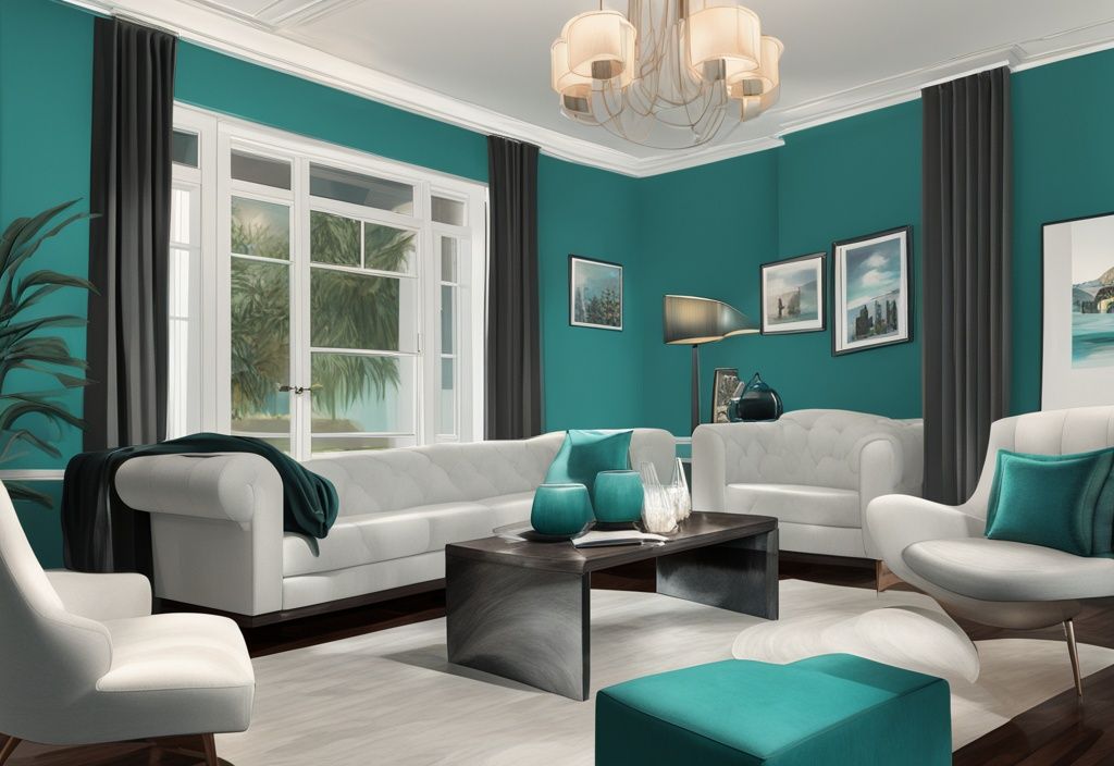 Modern digital painting featuring the best camera for real estate photography, surrounded by high-quality printed photos of luxurious properties, with a teal color theme.