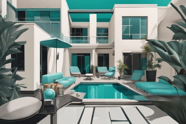 Modern digital painting featuring the best camera for real estate photography in teal, surrounded by high-quality printed photos of luxurious properties.