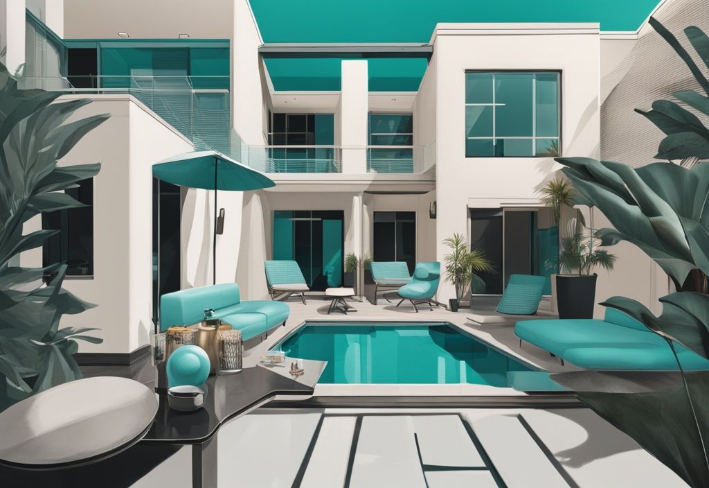 Modern digital painting featuring the best camera for real estate photography in teal, surrounded by high-quality printed photos of luxurious properties.