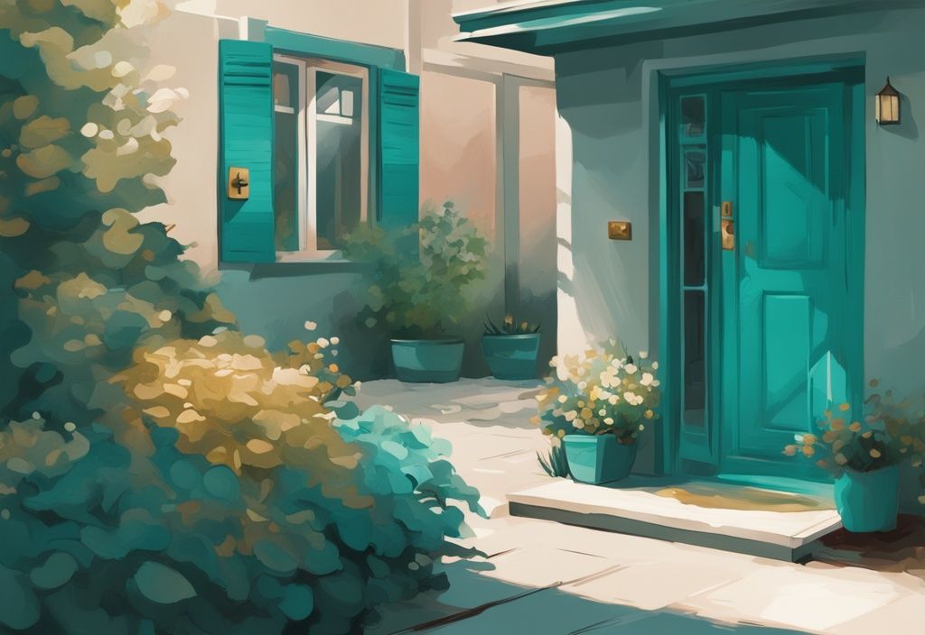 Modern digital painting with teal theme, featuring a contract highlighting "Escape Clause" and a tiny ajar door revealing a sunlit garden.