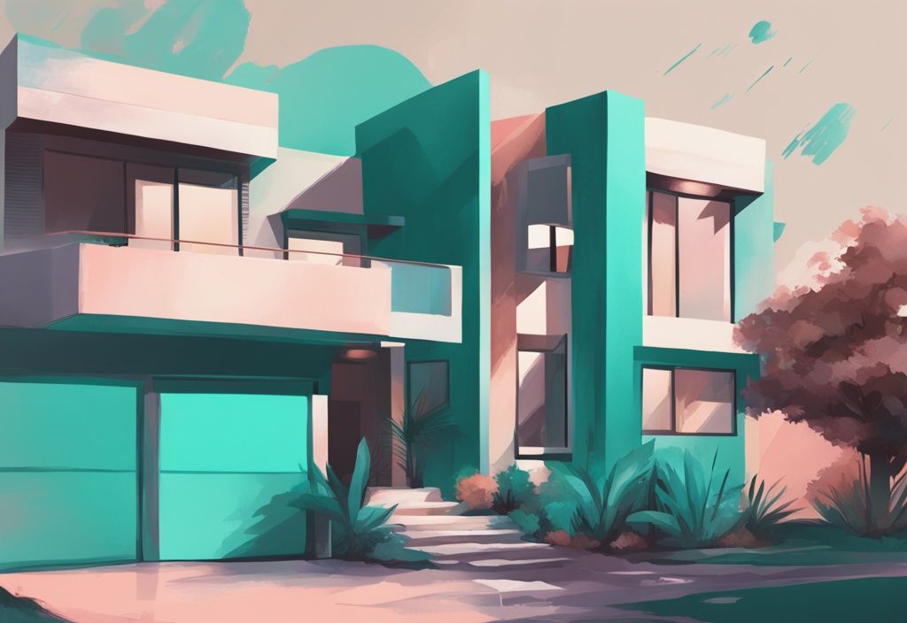 Modern digital painting illustrating Conversion vs. Commingling in real estate with teal-themed adjacent properties, one upgraded and the other mixed with various assets.