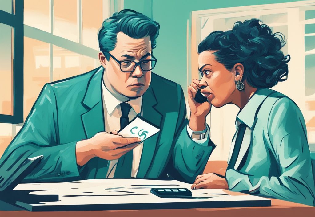 Modern digital painting with a teal theme showing a disgruntled homebuyer pointing at a shifty real estate agent; a lawyer in the background calculates figures, illustrating the concept of how much can you sue a real estate agent for.