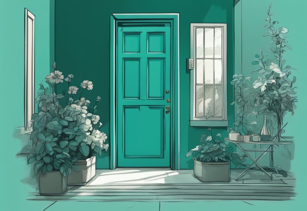 Modern digital painting with teal theme, featuring a contract highlighting "Escape Clause" and a tiny ajar door revealing a sunlit garden.