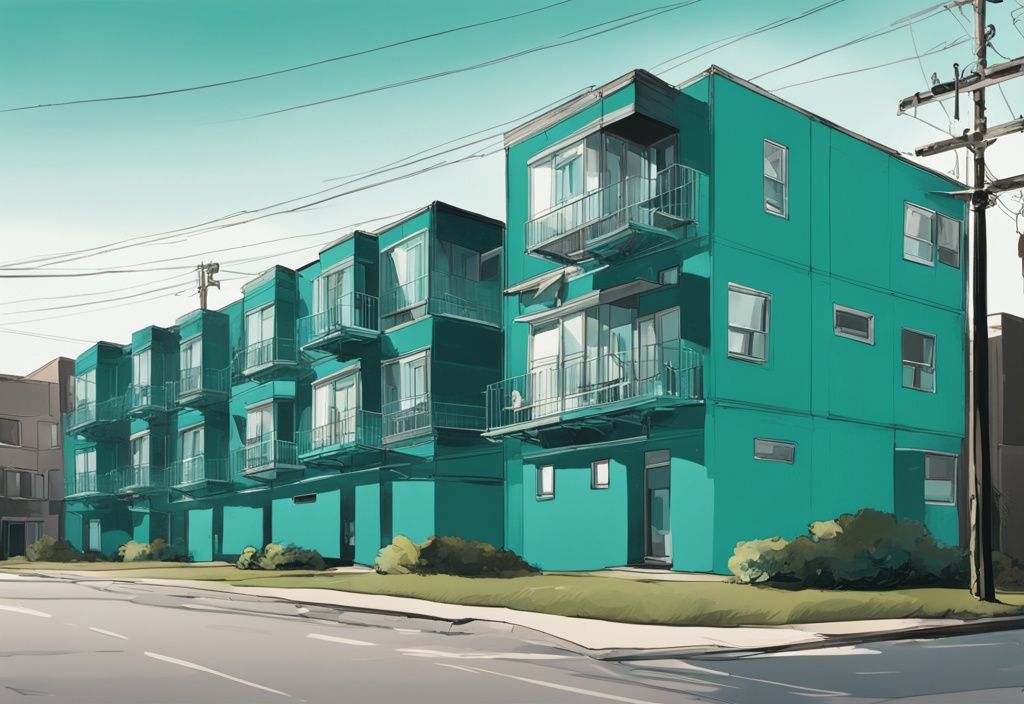 Modern digital painting illustration in teal, depicting real estate conversion of a building into multiple units and commingling of multiple properties under single management.