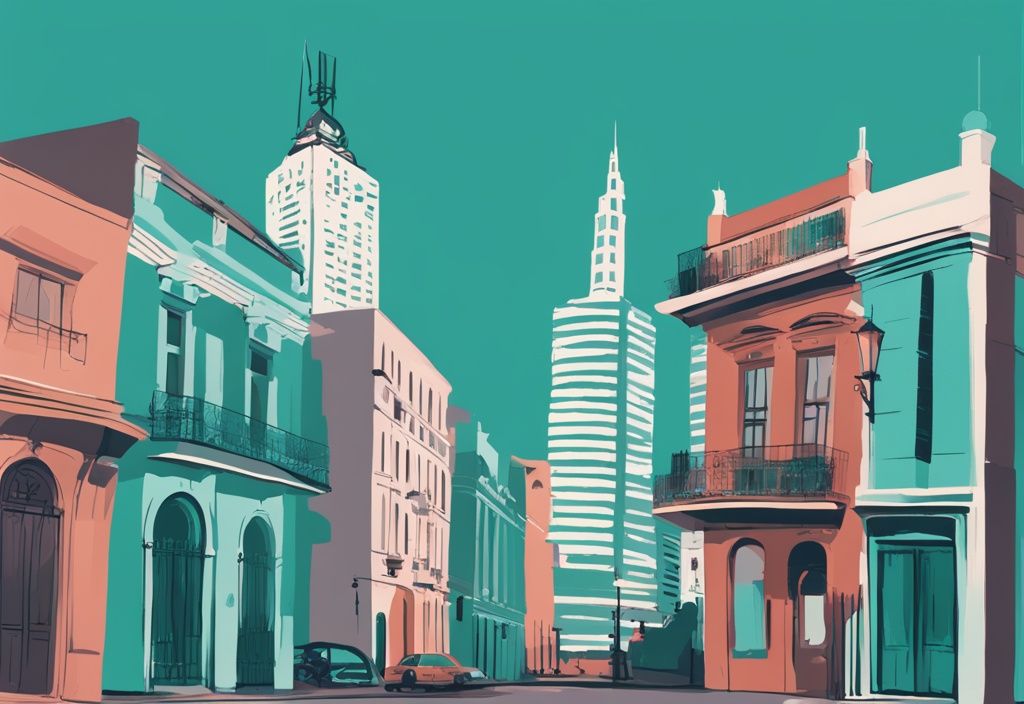 Modern digital painting of Buenos Aires real estate prices analysis with a teal-themed bar graph and city landmarks like Obelisco and Casa Rosada in the background.