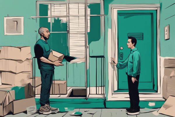 Modern digital painting illustrating a landlord giving an eviction notice to a saddened tenant in a rundown apartment, highlighting constructive eviction in real estate with a teal color theme.