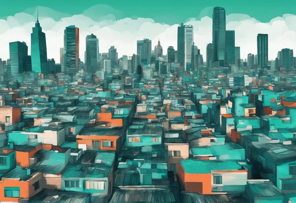 Modern digital painting of Buenos Aires cityscape in teal, featuring skyscrapers, residential areas, and digital graphics of fluctuating real estate prices.