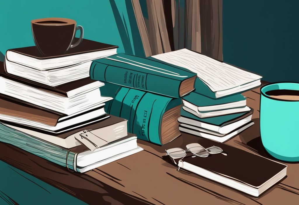 Modern digital painting of teal-themed real estate books on a wooden desk with coffee and glasses.